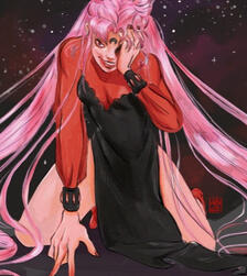 Stylized character illustration with flowing pink hair and dramatic lighting.