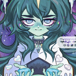 Commissioned tarot-style character artwork in cool violet and teal tones.