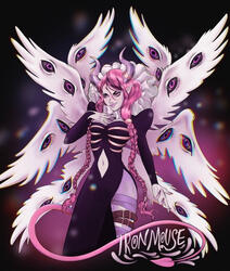 Full-color character artwork featuring dramatic wings, eyes, and neon accents.